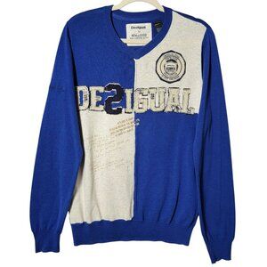 Desigual Mens Blue Colorblock Preppy Embroidered V-Neck Pullover Sweater Medium